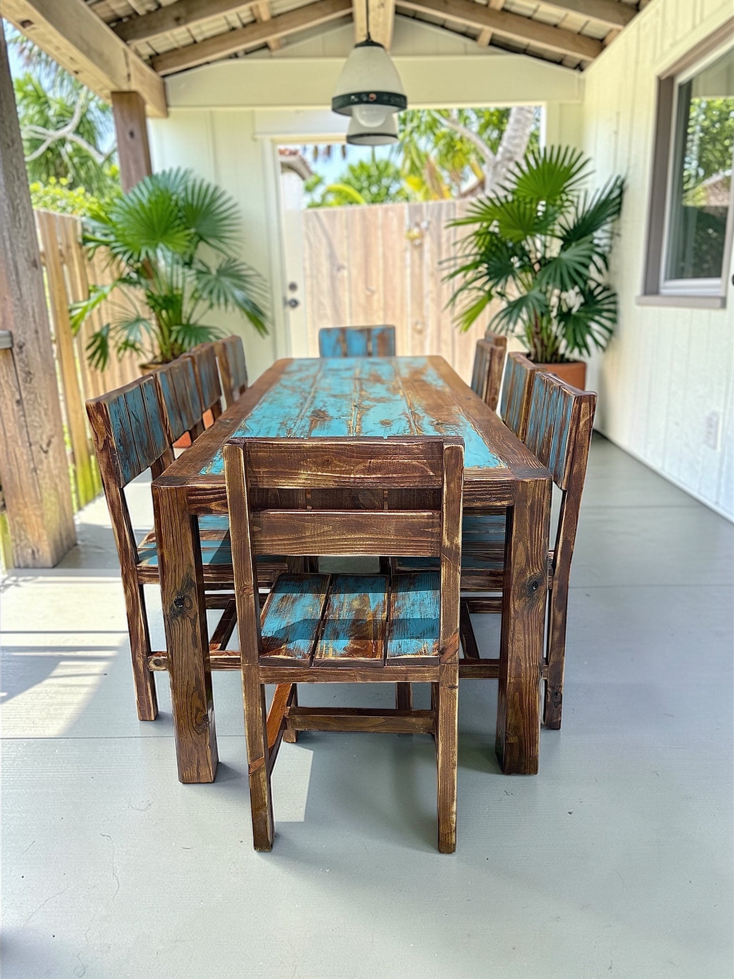 11 piece solid wood rustic coastal dining table built in Boca raton Fl by kerf and bevel custom island furniture