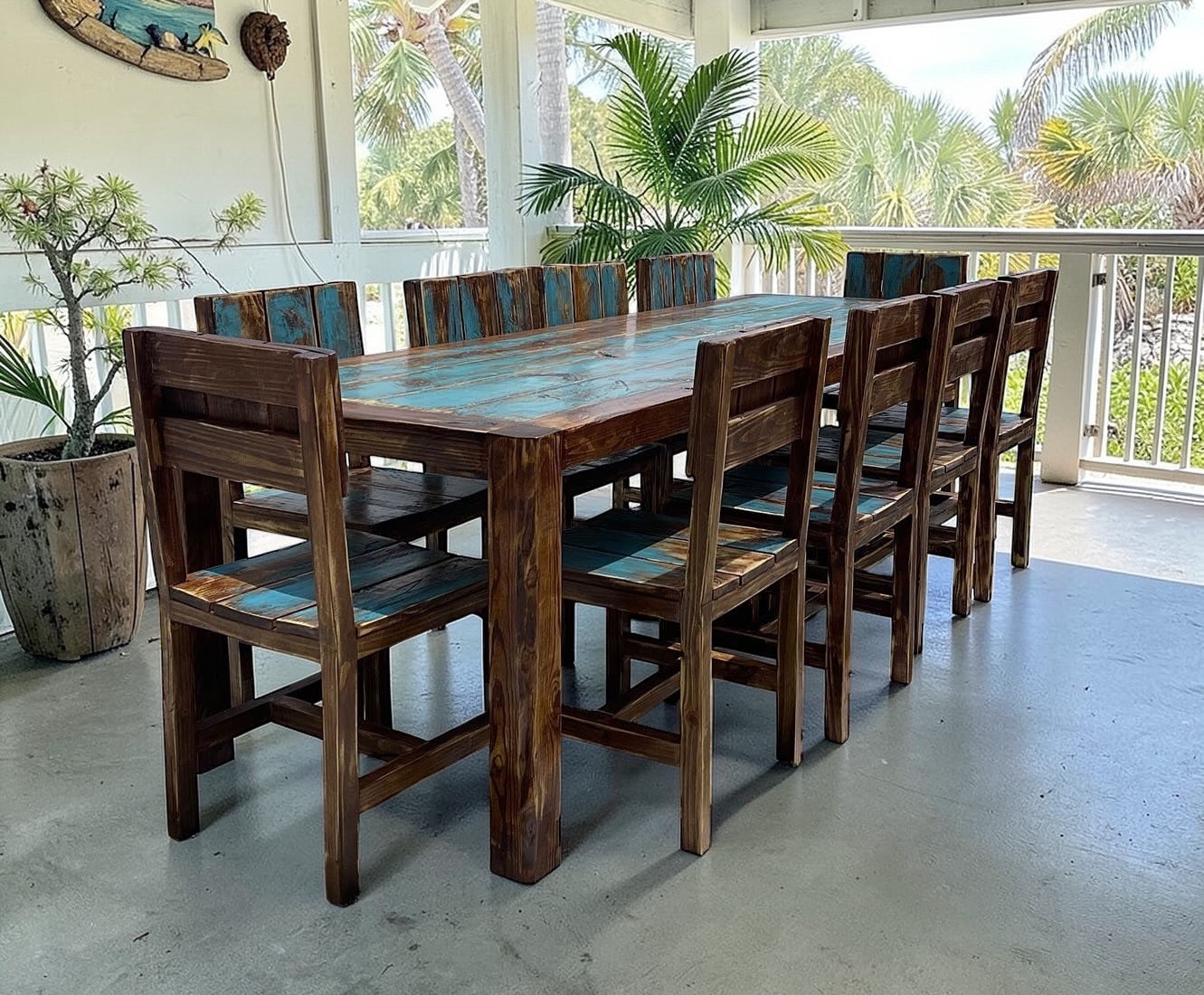 Hand crafted Custom solid wood dining table set for indoors and outdoors.  Seats 10 and is built in boca raton, florida.  