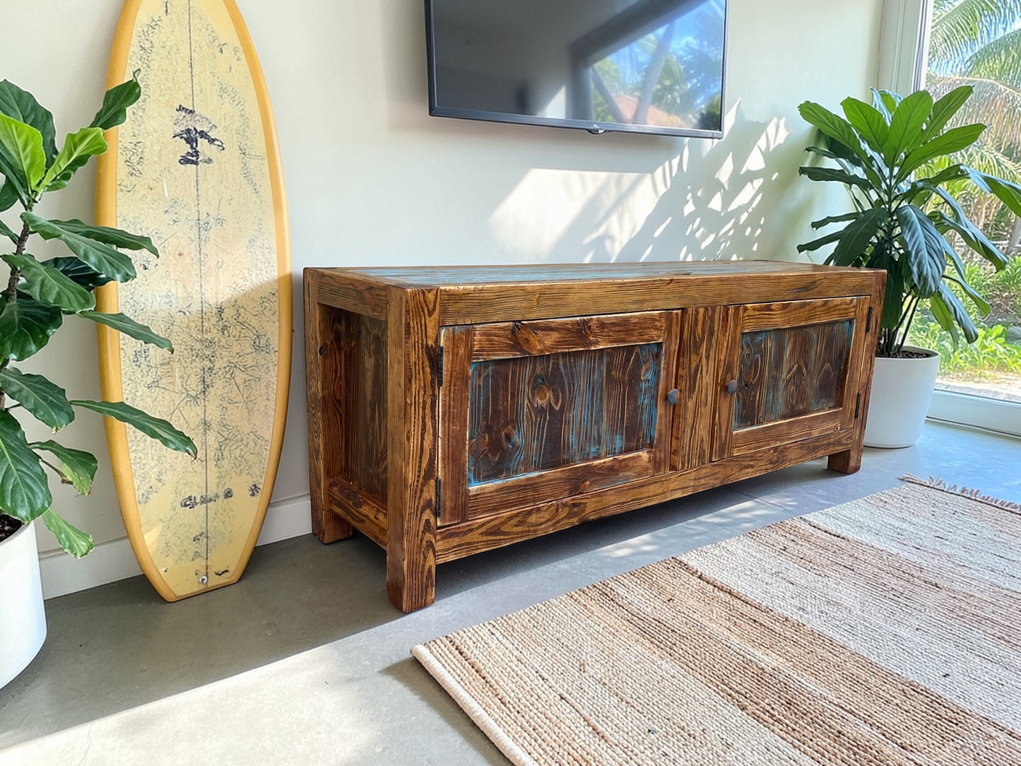 solid wood rustic beach console table built by kerf and bevel local in south florida
